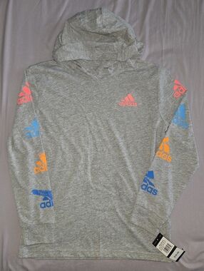 10/12 Adidas Gray Hooded Long-Sleeve Shirt with Pink, Blue, and Orange Logos